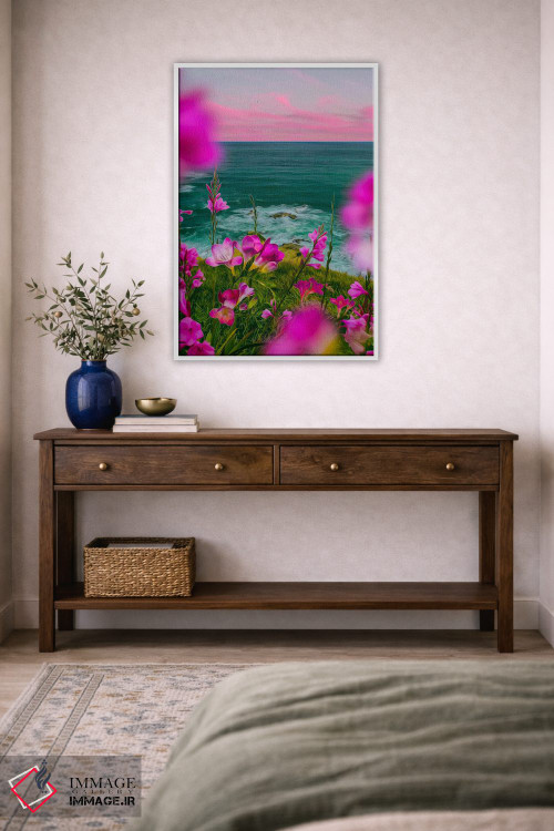 تابلو دکوراتیو فریزیا صورتی شکوفا بر تپه ای در کنار دریا اثر ایوجنیا بیدیوک - D2W