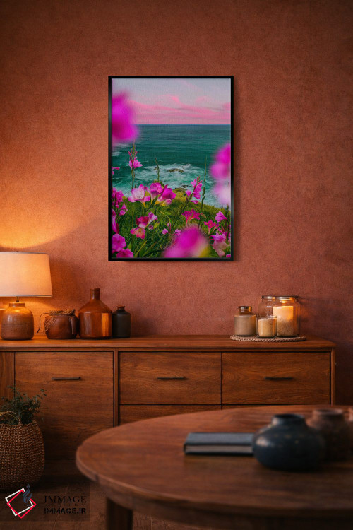 تابلو دکوراتیو فریزیا صورتی شکوفا بر تپه ای در کنار دریا اثر ایوجنیا بیدیوک - D5B