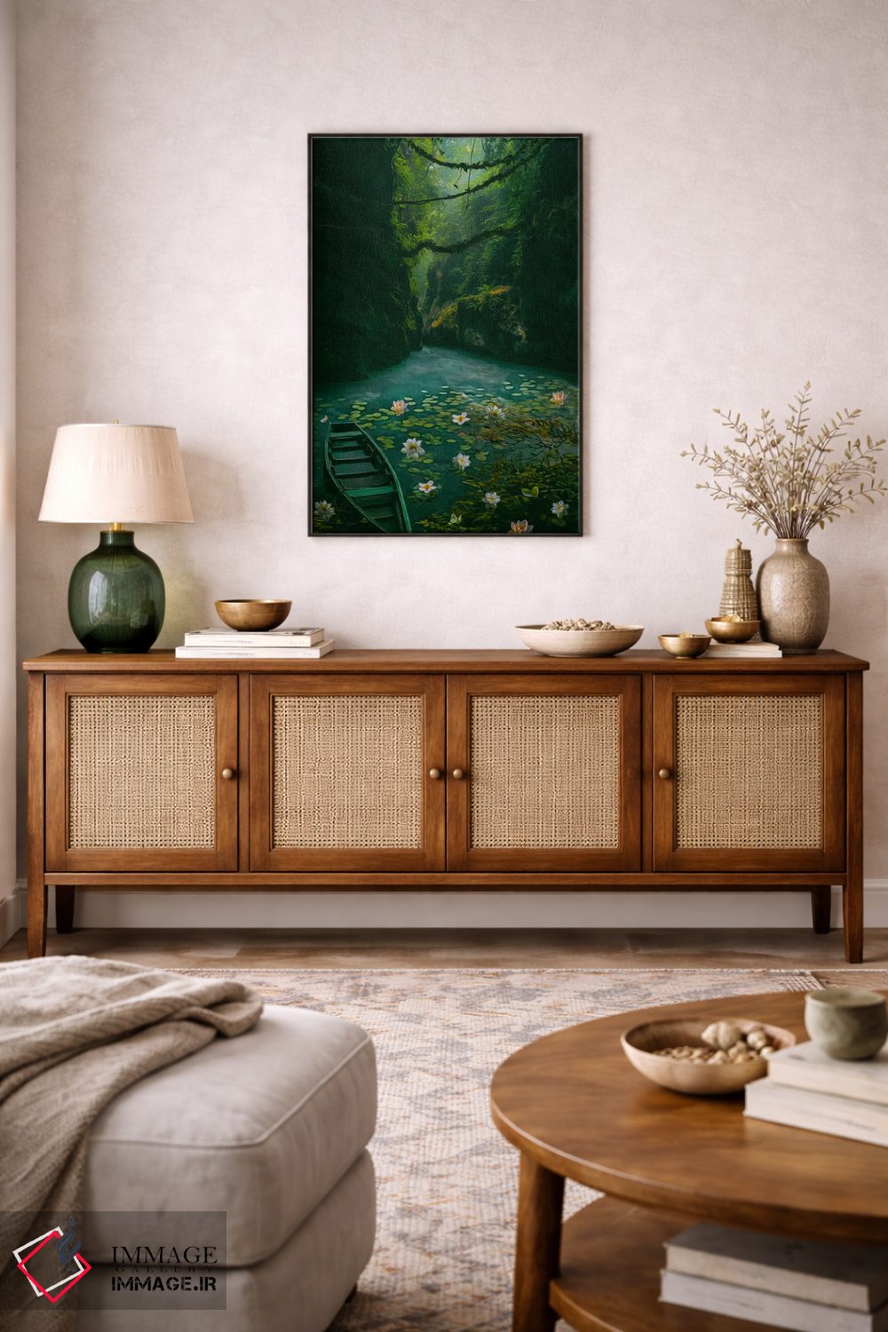 تابلو دکوراتیو قایق سبز روی دریاچه با نیلوفرها در دره اثر ایوجنیا بیدیوک - D4B