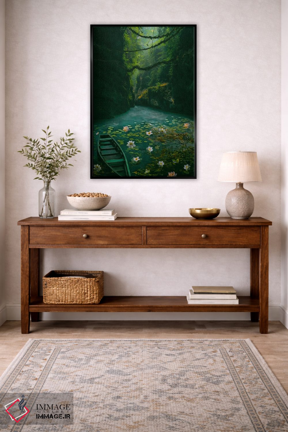 تابلو دکوراتیو قایق سبز روی دریاچه با نیلوفرها در دره اثر ایوجنیا بیدیوک - D5B