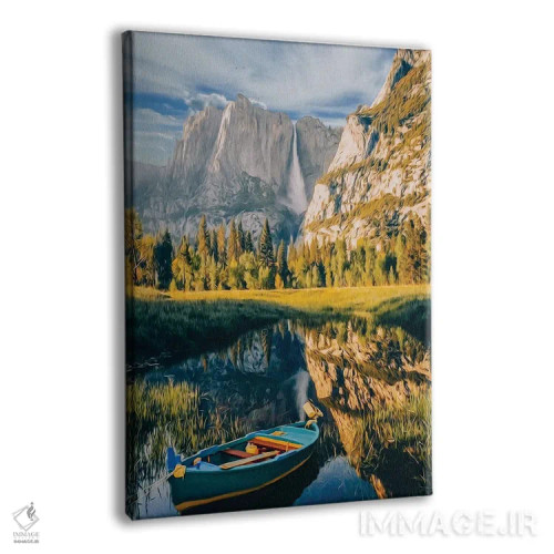 تابلو دکوراتیو قایق آبی روی دریاچه کوهستانی اثر ایوجنیا بیدیوک - نمای پرسپکتیو محصول