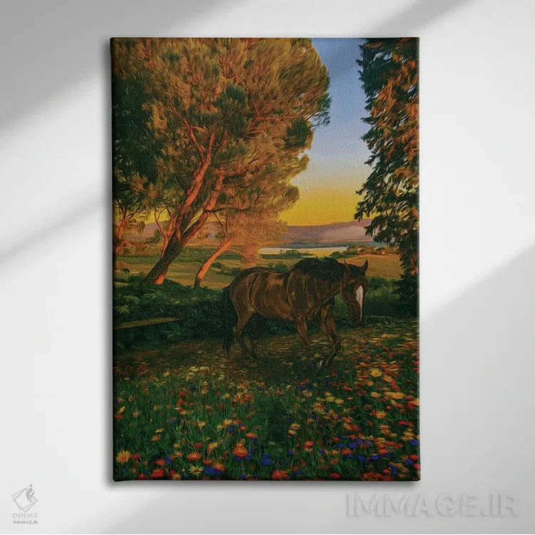 تابلو دکوراتیو کره اسب وحشی در چمنزاری گلدار در جنگل اثر ایوجنیا بیدیوک - نمای روبهرو روی دیوار