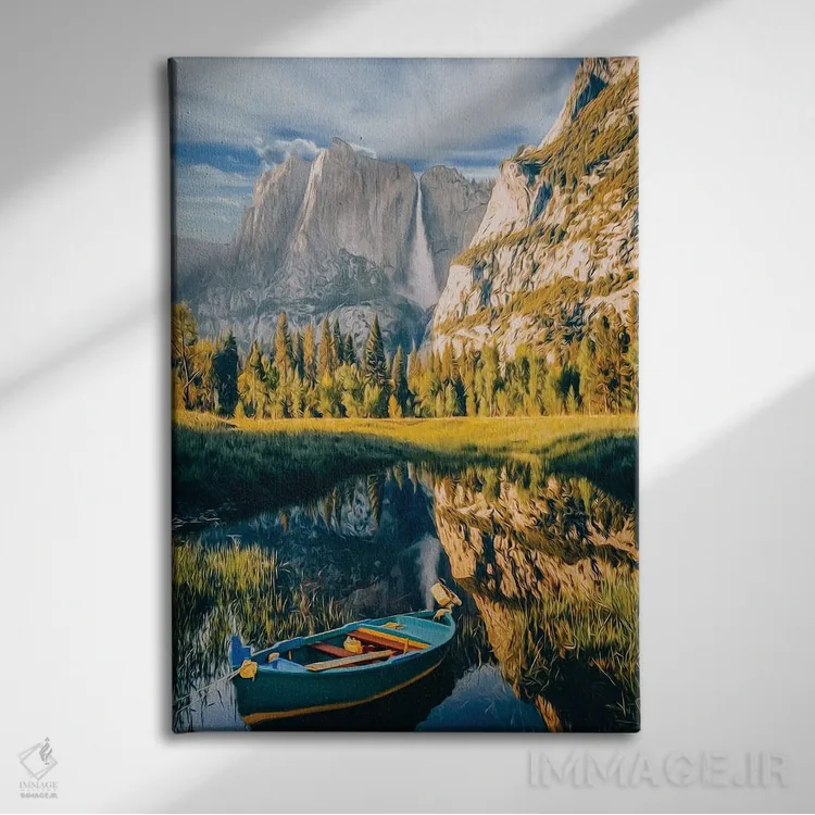 تابلو دکوراتیو قایق آبی روی دریاچه کوهستانی اثر ایوجنیا بیدیوک - نمای روبهرو روی دیوار