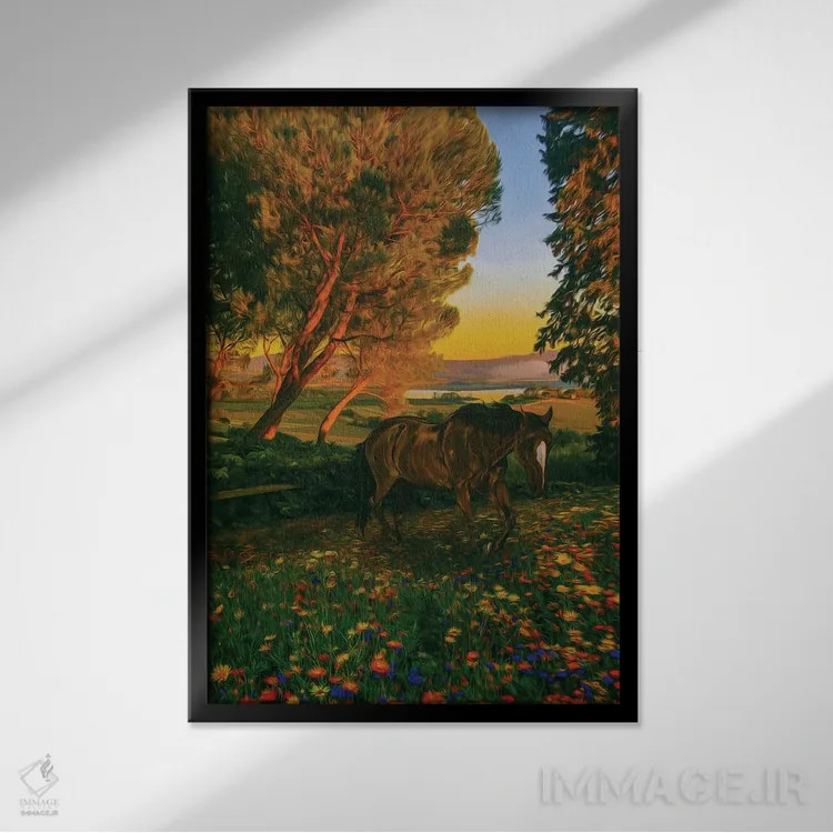 تابلو دکوراتیو کره اسب وحشی در چمنزاری گلدار در جنگل اثر ایوجنیا بیدیوک - نمای قابدار مشکی