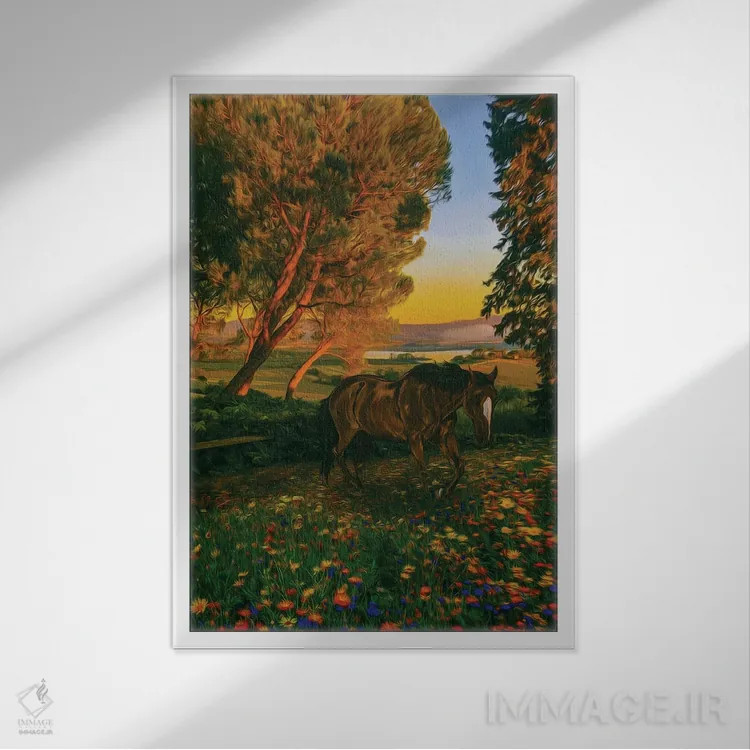 تابلو دکوراتیو کره اسب وحشی در چمنزاری گلدار در جنگل اثر ایوجنیا بیدیوک - نمای قابدار سفید