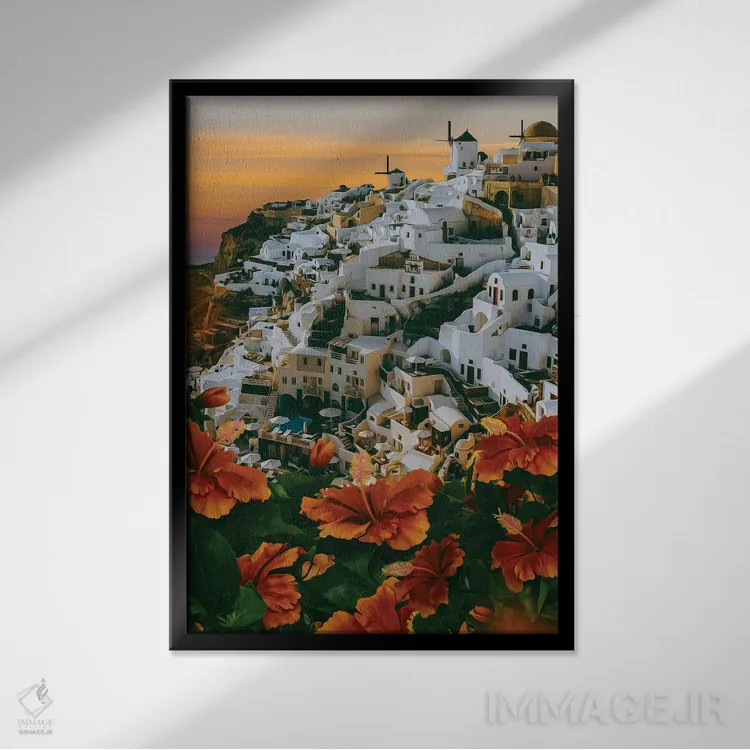 تابلو دکوراتیو هیبسکوس نارنجی شکوفا در پس زمینه سانتورینی اثر ایوجنیا بیدیوک - نمای قابدار مشکی
