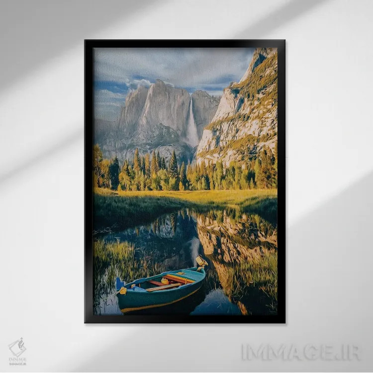 تابلو دکوراتیو قایق آبی روی دریاچه کوهستانی اثر ایوجنیا بیدیوک - نمای قابدار مشکی