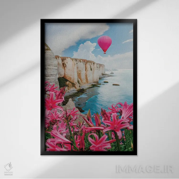 تابلو دکوراتیو The Sky And The Clouds,بالون هوای گرم رنگارنگ و زیبا روی… اثر ایوجنیا بیدیوک - نمای قابدار مشکی