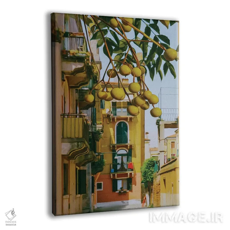 تابلو دکوراتیو شاخه های مارولا با میوه ها در پس زمینه شهر قدیمی اثر ایوجنیا بیدیوک - نمای پرسپکتیو محصول