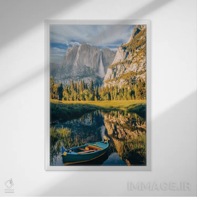 تابلو دکوراتیو قایق آبی روی دریاچه کوهستانی اثر ایوجنیا بیدیوک - نمای قابدار سفید