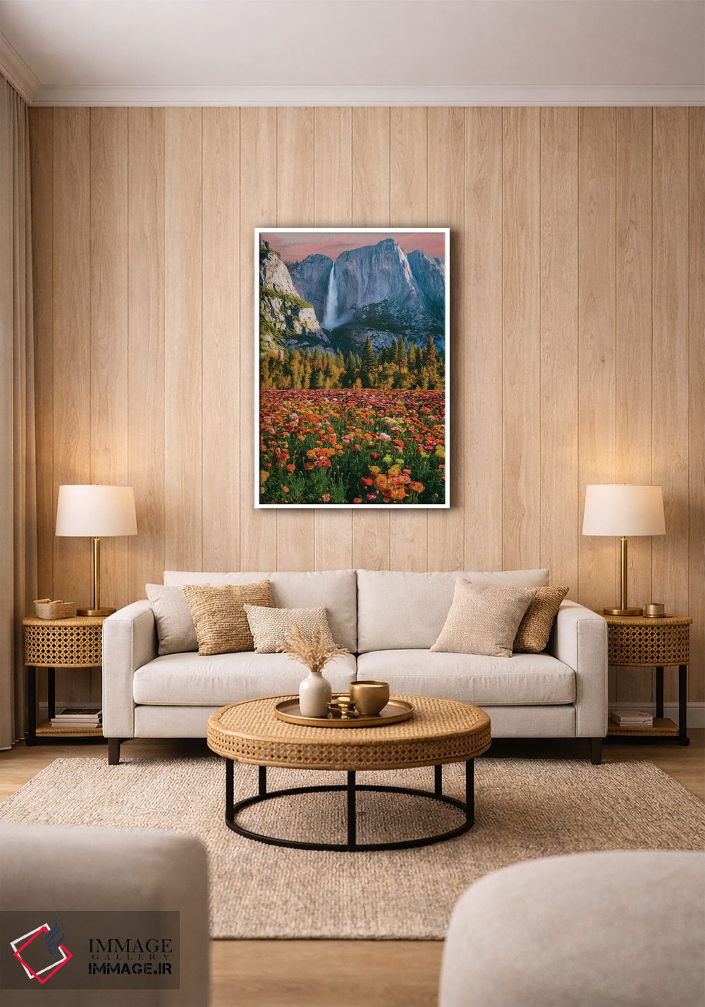 تابلو دکوراتیو دشتی با گل های رانانکولوس شکوفا در کوهستان اثر ایوجنیا بیدیوک - D1W