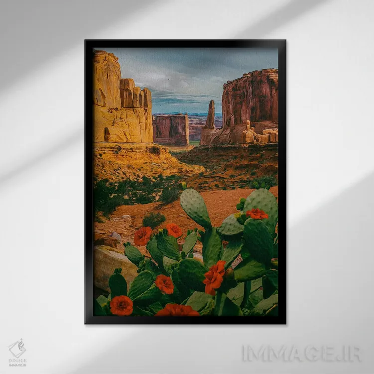تابلو دکوراتیو کاکتوس گلدار در دره تگزاس اثر ایوجنیا بیدیوک - نمای قابدار مشکی