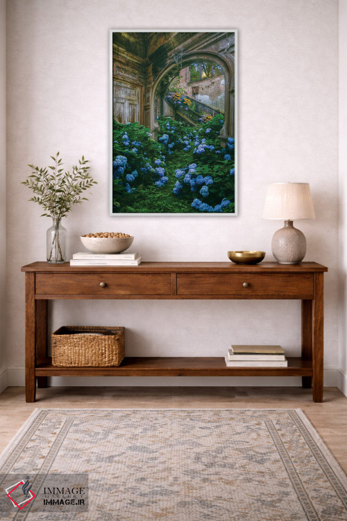 تابلو دکوراتیو گل های هورتانسیا آبی در خانه ای قدیمی و متروکه اثر ایوجنیا بیدیوک - D3W