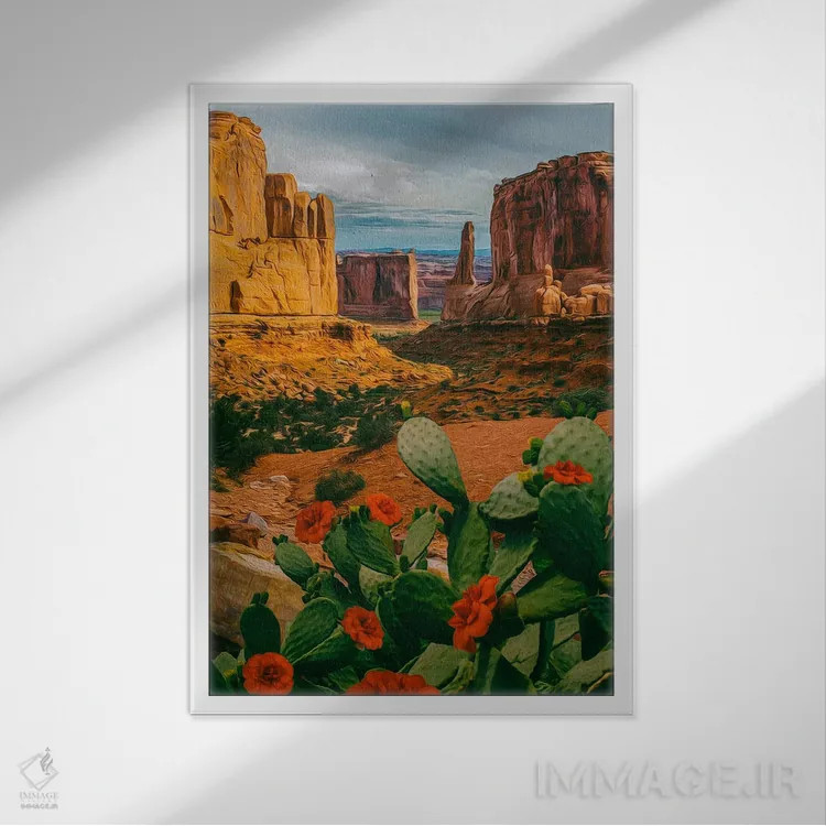 تابلو دکوراتیو کاکتوس گلدار در دره تگزاس اثر ایوجنیا بیدیوک - نمای قابدار سفید