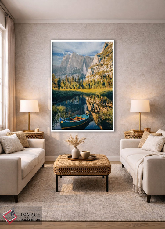تابلو دکوراتیو قایق آبی روی دریاچه کوهستانی اثر ایوجنیا بیدیوک - D2W