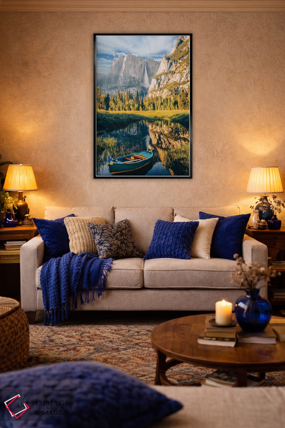 تابلو دکوراتیو قایق آبی روی دریاچه کوهستانی اثر ایوجنیا بیدیوک - D4B
