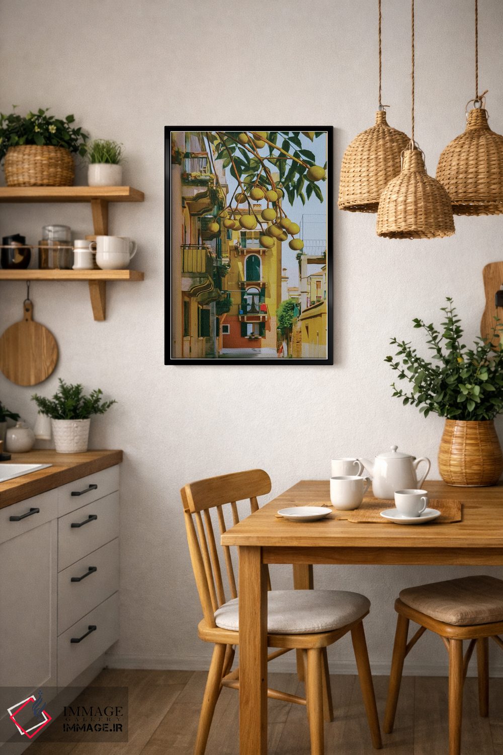 تابلو دکوراتیو شاخه های مارولا با میوه ها در پس زمینه شهر قدیمی اثر ایوجنیا بیدیوک - D6B