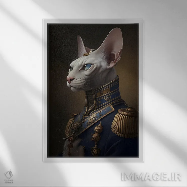 تابلو دکوراتیو گربه اسفینکس با لباس ژنرال اثر ایوجنیا بیدیوک - نمای قابدار سفید