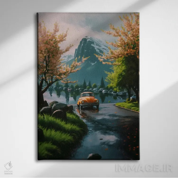 تابلو دکوراتیو سفر به مکان های ژاپنی با درختان ساکورا و منظره کوهستانی اثر ایوجنیا بیدیوک - نمای روبهرو روی دیوار