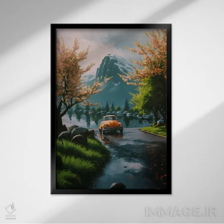 تابلو دکوراتیو سفر به مکان های ژاپنی با درختان ساکورا و منظره کوهستانی اثر ایوجنیا بیدیوک - نمای قابدار مشکی