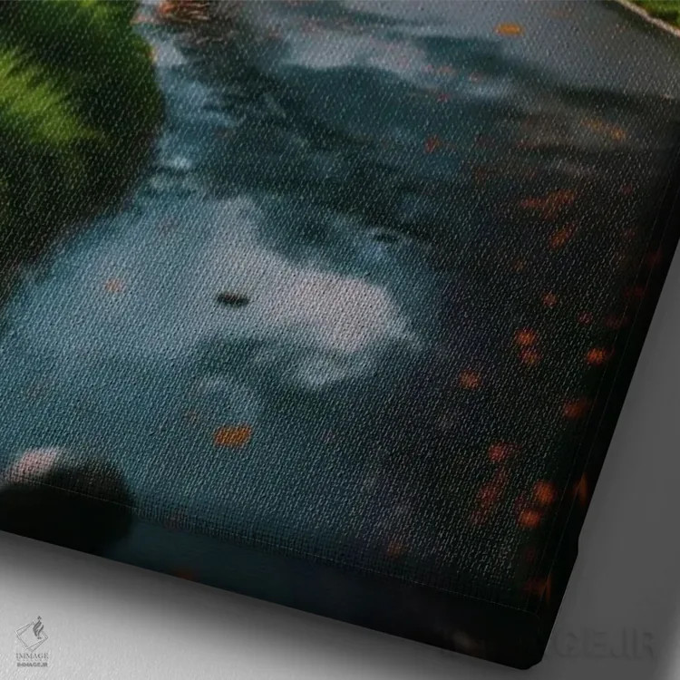 تابلو دکوراتیو سفر به مکان های ژاپنی با درختان ساکورا و منظره کوهستانی اثر ایوجنیا بیدیوک - نمای نزدیک بافت بوم