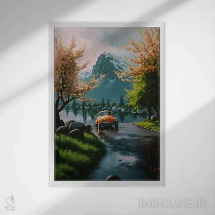 تابلو دکوراتیو سفر به مکان های ژاپنی با درختان ساکورا و منظره کوهستانی اثر ایوجنیا بیدیوک - نمای قابدار سفید