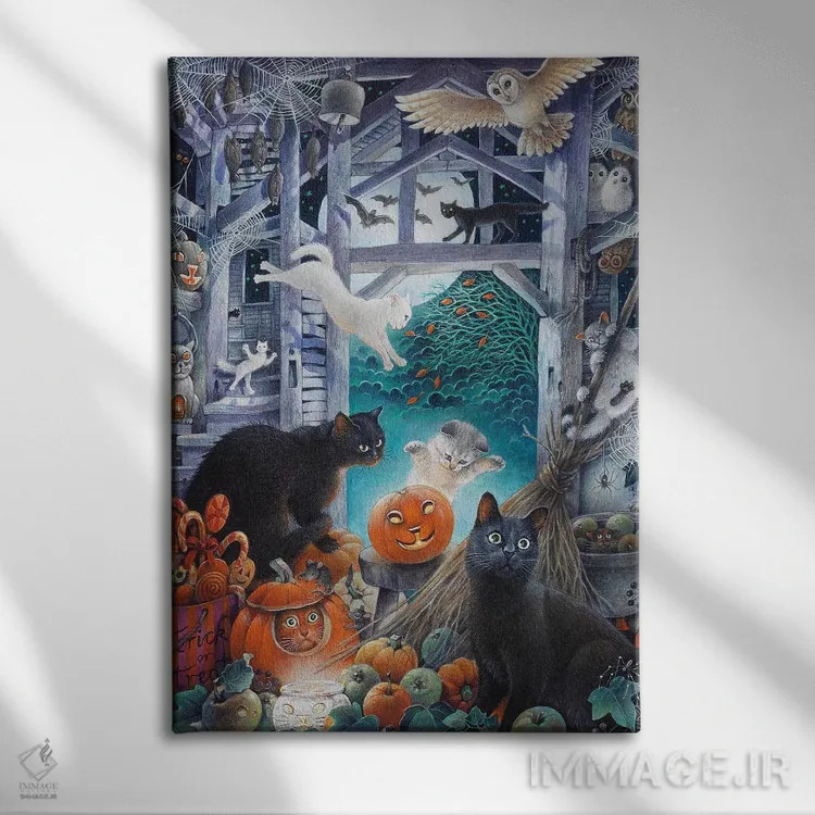تابلو دکوراتیو هالووین با گربه های لزلی اثر آیوری کتس - نمای روبهرو روی دیوار