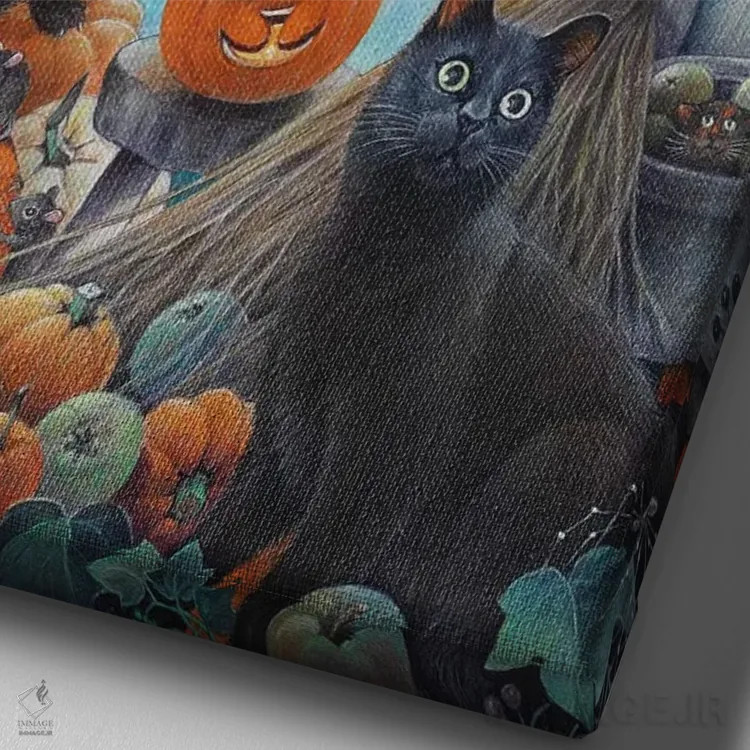 تابلو دکوراتیو هالووین با گربه های لزلی اثر آیوری کتس - نمای نزدیک بافت بوم