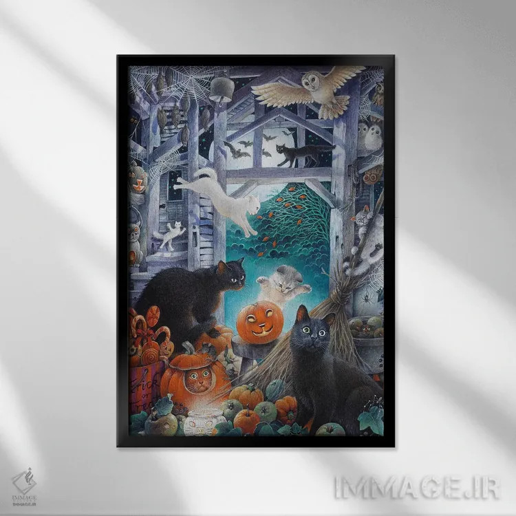 تابلو دکوراتیو هالووین با گربه های لزلی اثر آیوری کتس - نمای قابدار مشکی