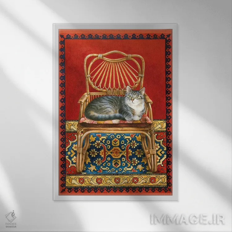 تابلو دکوراتیو جما روی صندلی حصیری اثر آیوری کتس - نمای قابدار سفید