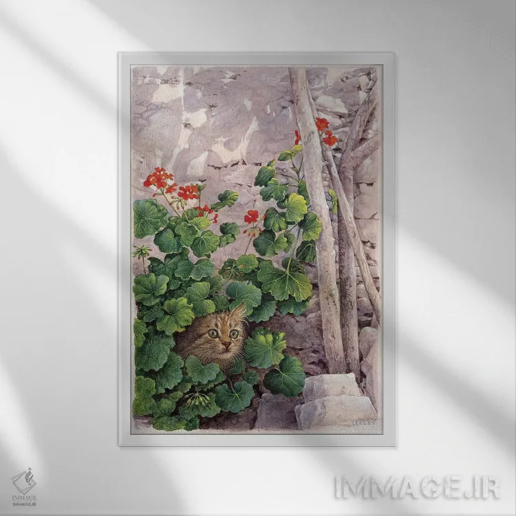 تابلو دکوراتیو کاتیا گربه یونانی در میان شمعدانی ها اثر آیوری کتس - نمای قابدار سفید