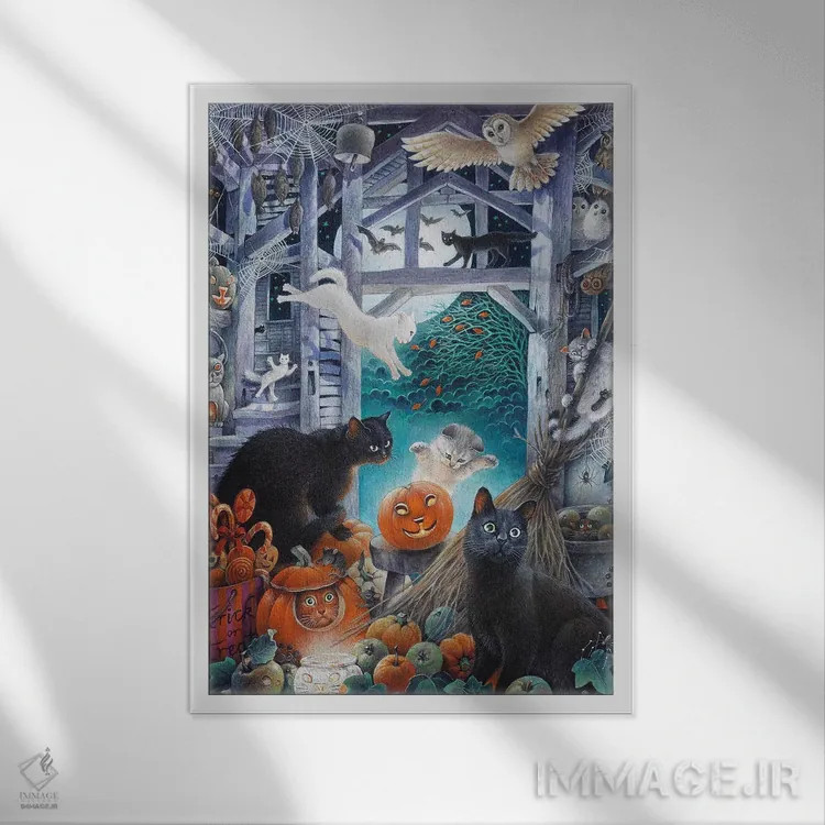تابلو دکوراتیو هالووین با گربه های لزلی اثر آیوری کتس - نمای قابدار سفید