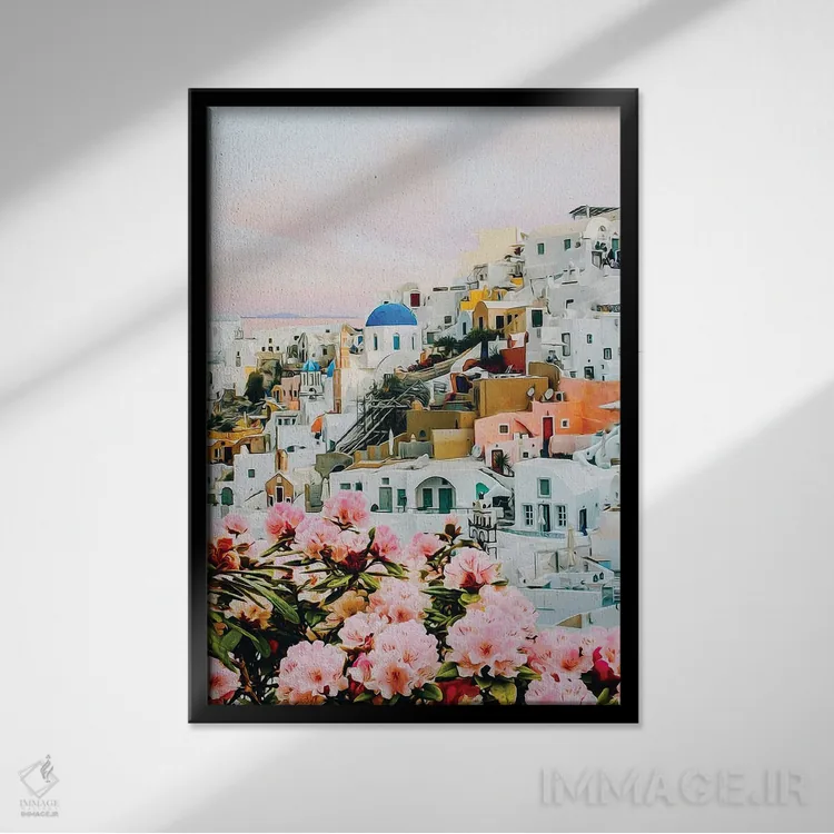 تابلو دکوراتیو آزالیای شکوفا در شهر یونان اثر ایوجنیا بیدیوک - نمای قابدار مشکی