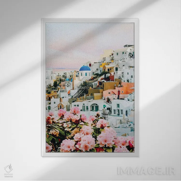 تابلو دکوراتیو آزالیای شکوفا در شهر یونان اثر ایوجنیا بیدیوک - نمای قابدار سفید