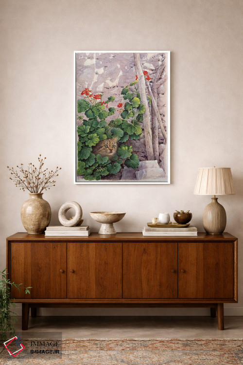 تابلو دکوراتیو کاتیا گربه یونانی در میان شمعدانی ها اثر آیوری کتس - D1W