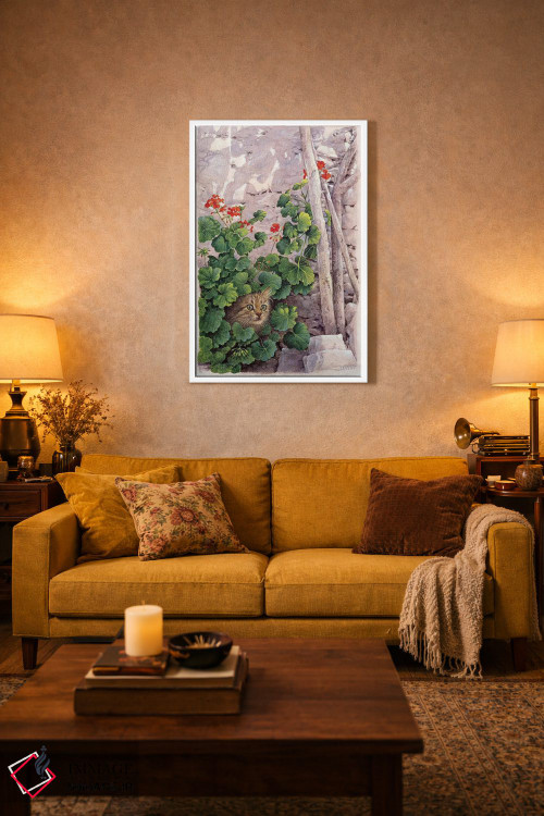 تابلو دکوراتیو کاتیا گربه یونانی در میان شمعدانی ها اثر آیوری کتس - D2W