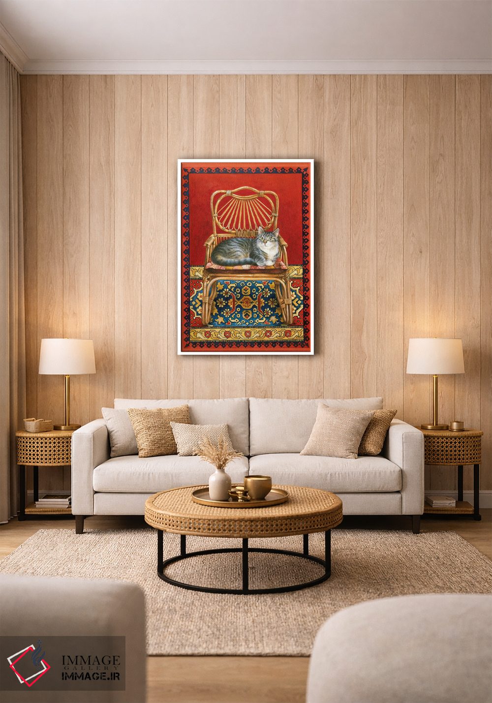 تابلو دکوراتیو جما روی صندلی حصیری اثر آیوری کتس - D1W