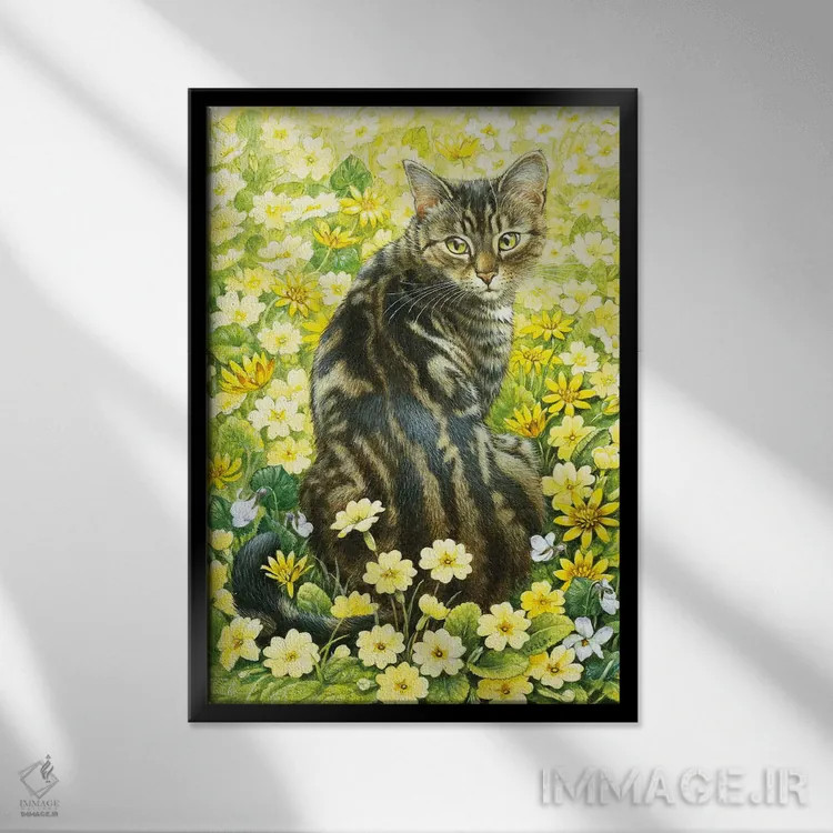 تابلو دکوراتیو اکتوپوسی در میان گل های بهاری اثر آیوری کتس - نمای قابدار مشکی