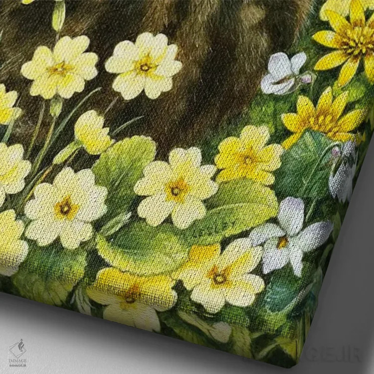 تابلو دکوراتیو اکتوپوسی در میان گل های بهاری اثر آیوری کتس - نمای نزدیک بافت بوم