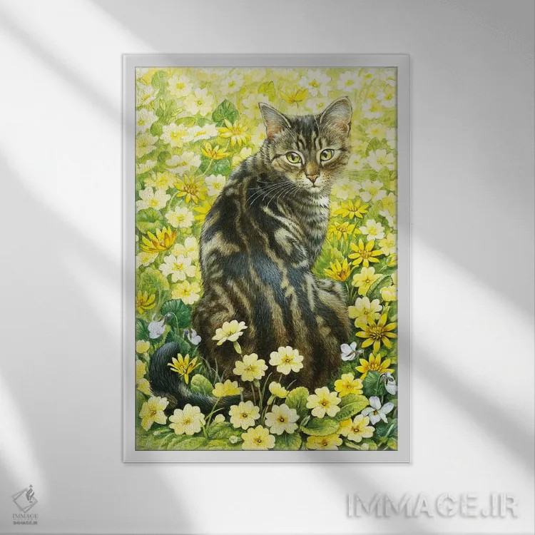 تابلو دکوراتیو اکتوپوسی در میان گل های بهاری اثر آیوری کتس - نمای قابدار سفید