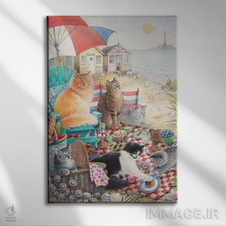 تابلو دکوراتیو پیک نیک تابستانی با دندلیون، زلی و مومو اثر آیوری کتس - نمای روبهرو روی دیوار
