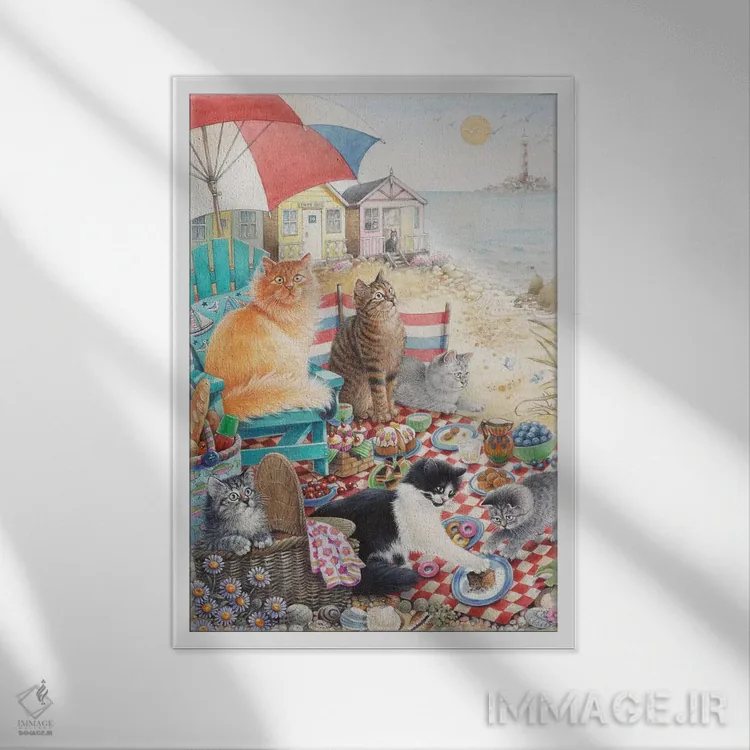 تابلو دکوراتیو پیک نیک تابستانی با دندلیون، زلی و مومو اثر آیوری کتس - نمای قابدار سفید