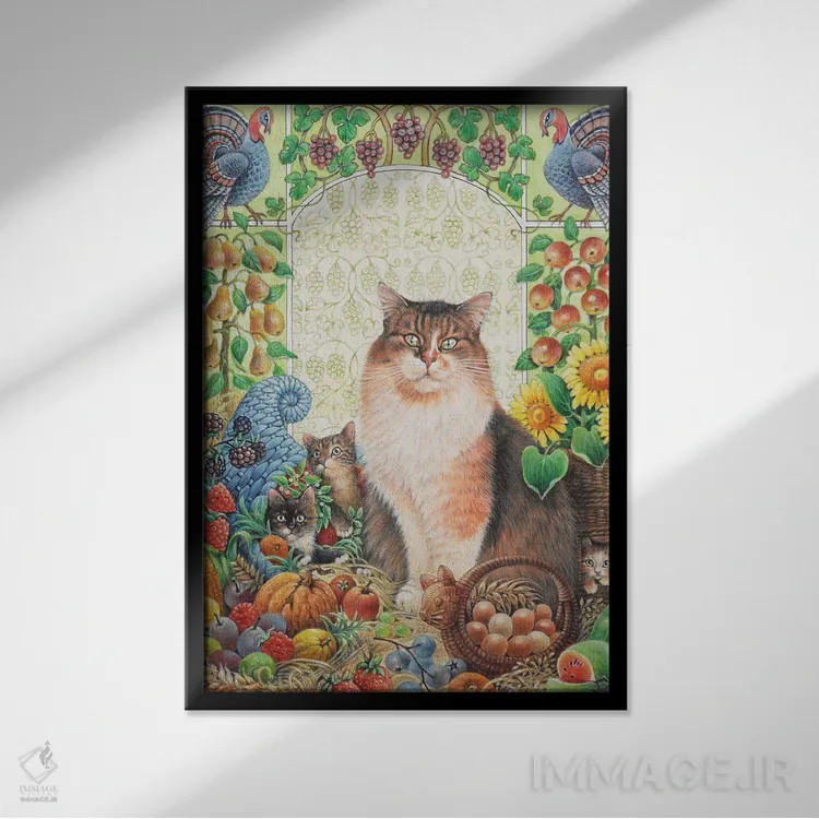 تابلو دکوراتیو شکرگزاری با اگنیتا و بچه گربه هایش اثر آیوری کتس - نمای قابدار مشکی