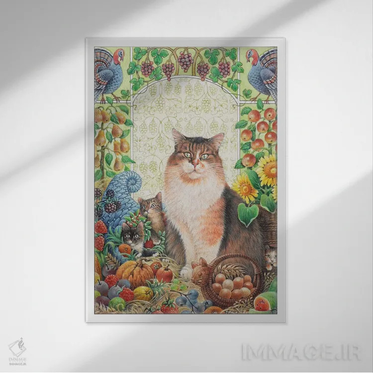 تابلو دکوراتیو شکرگزاری با اگنیتا و بچه گربه هایش اثر آیوری کتس - نمای قابدار سفید