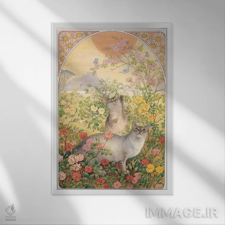 تابلو دکوراتیو آمیولت و را-را در میان گل رز اثر آیوری کتس - نمای قابدار سفید