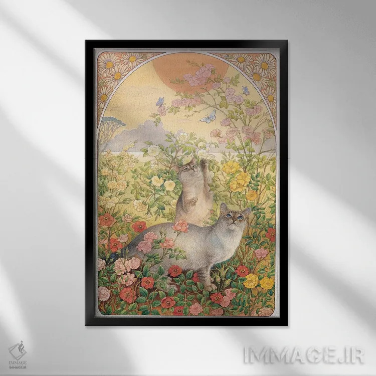 تابلو دکوراتیو آمیولت و را-را در میان گل رز اثر آیوری کتس - نمای قابدار مشکی