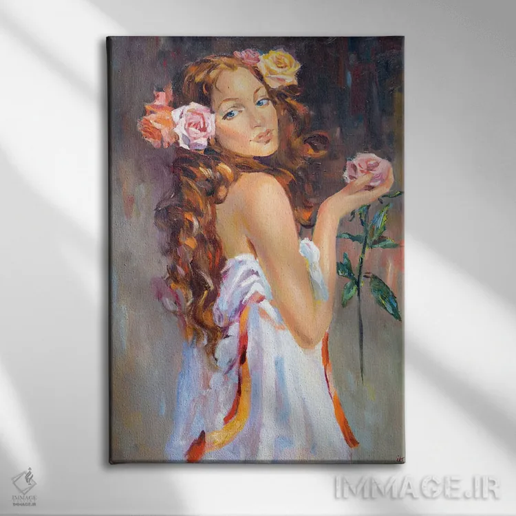 تابلو دکوراتیو دختر با یک گل رز اثر ایرینا کاستسووا - نمای روبهرو روی دیوار