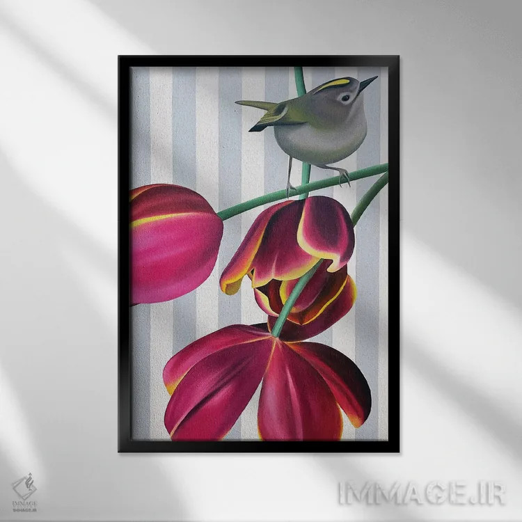 تابلو دکوراتیو پرنده کله طلایی و اژدهای پرنده اثر ایلدزه اوس - نمای قابدار مشکی