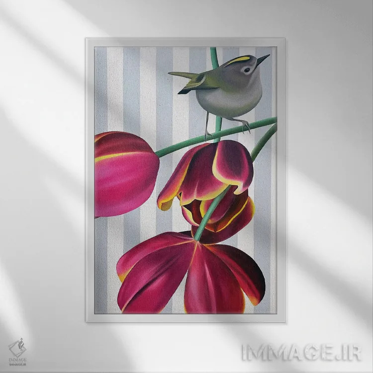 تابلو دکوراتیو پرنده کله طلایی و اژدهای پرنده اثر ایلدزه اوس - نمای قابدار سفید