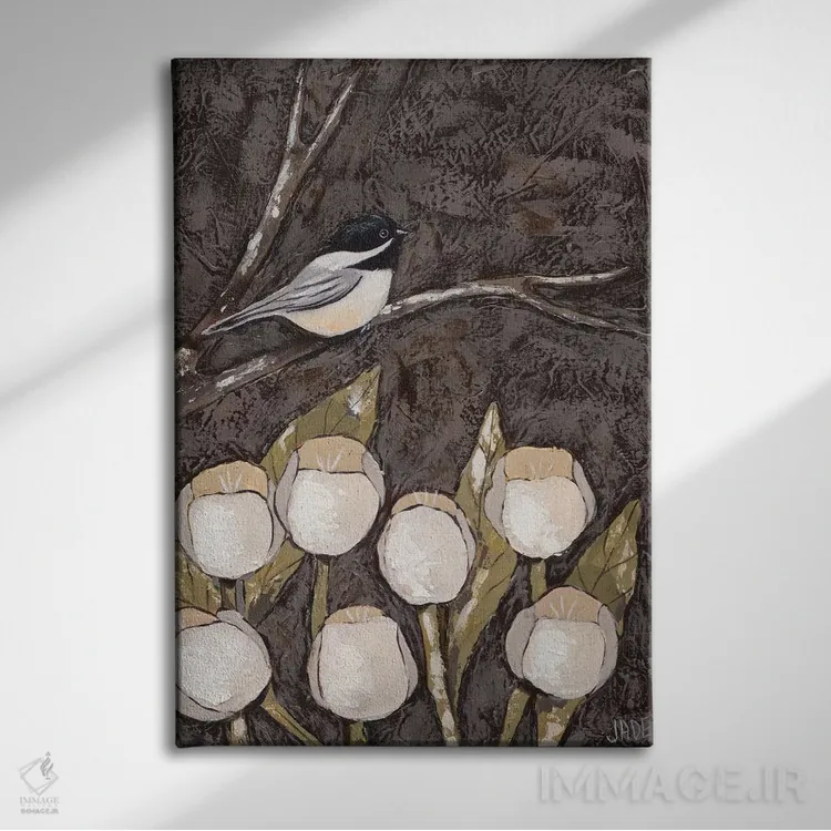 تابلو مدرن چیکادی و لاله ها I اثر جید رینولدز - نمای روبهرو روی دیوار